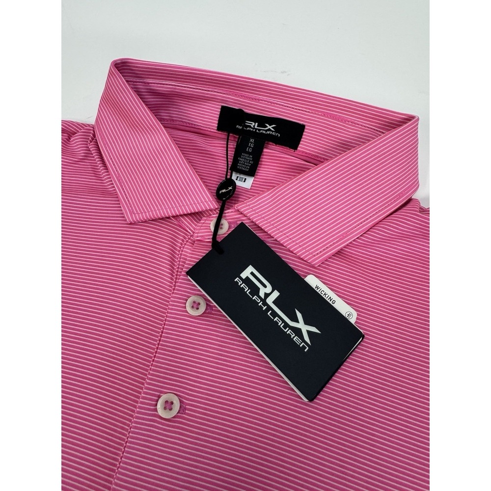 NWT RLX Ralph Lauren Pink White Striped Stretch Golf Polo Shirt Men's XL $110